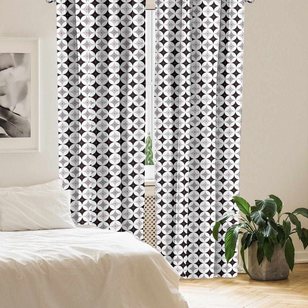 Mid Century Window Curtains Pack of 2, Retro Styled Atomic Composition Vintage Diamond Line Pattern, Lightweight Set