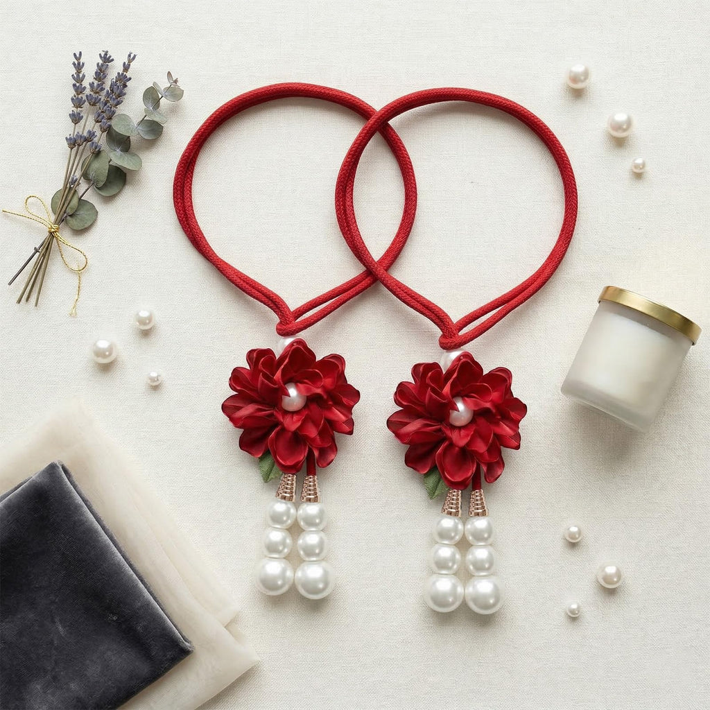 Adjustable Curtain Tiebacks, 4-Pack Hand-Woven Rope with Silk Flower & Pearl, Decorative Window Cord Holders