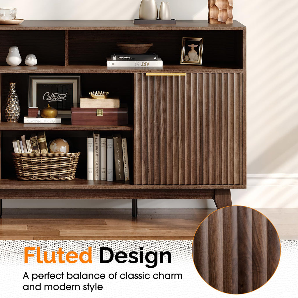 58" Fluted TV Stand with 4 Shelves and 2 Cabinets, Rustic Brown