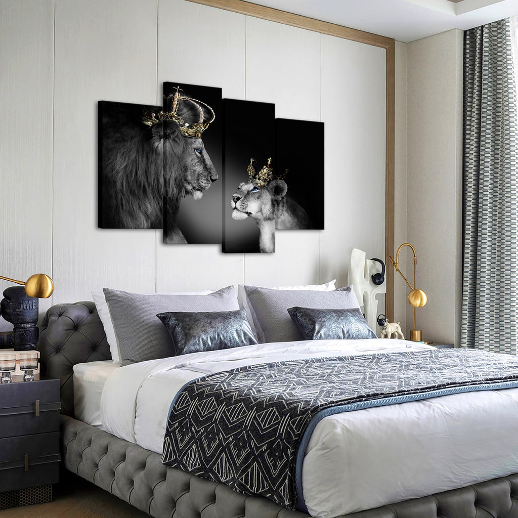 Large 4 Panel Wall Decor The Lion King and Queen with Crown Wall Art African Wild Animals Canvas Prints Pictures