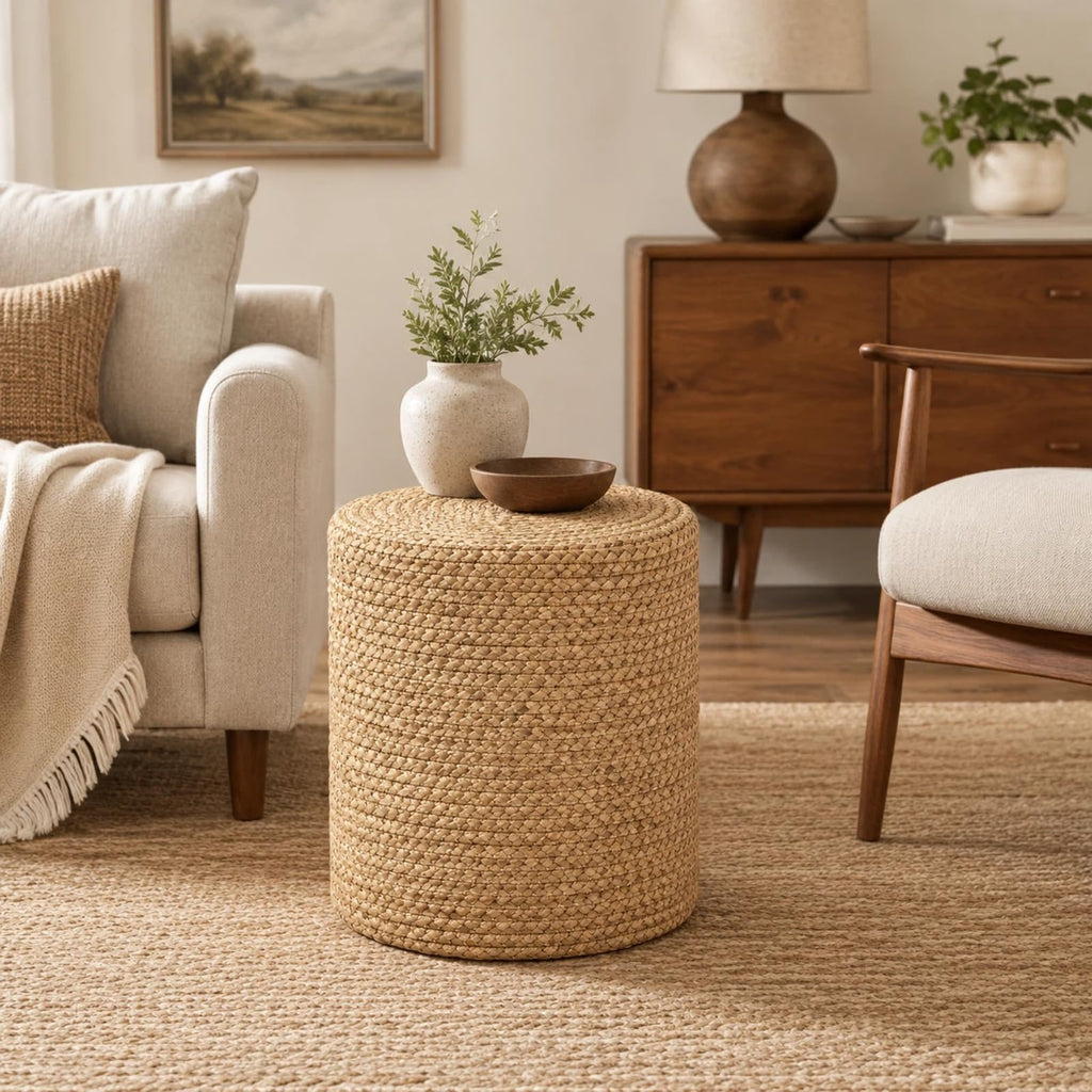 14inch Natural Water Hyacinth Round Pouf Ottomans Wood Frame Rattan Stool