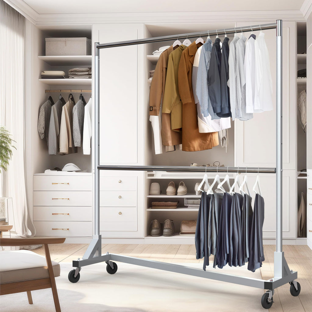 Commercial Grade Z-Base Double Rod Garment Rack, Silver