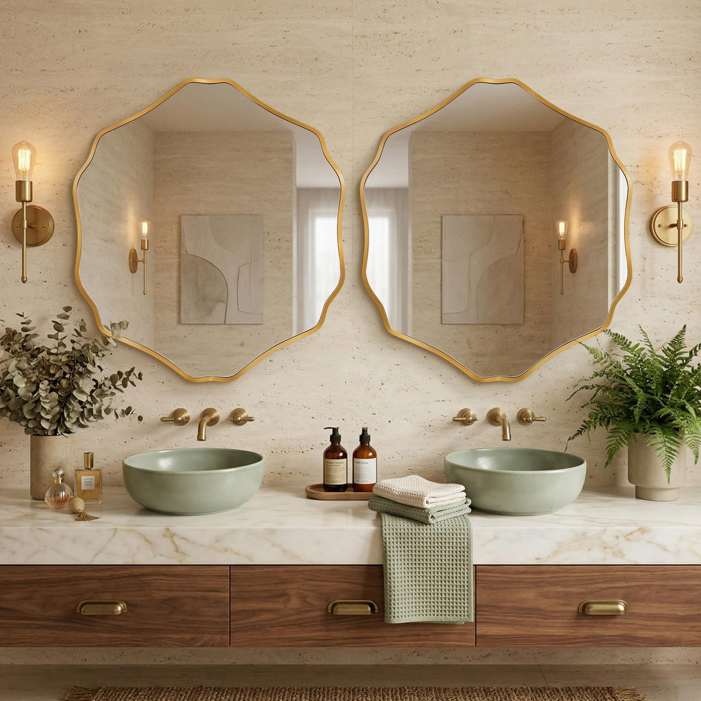 Irregular Hexagon Wall Mirror with Wavy Edge, Modern Decorative Mirror, Frameless Vanity Mirror