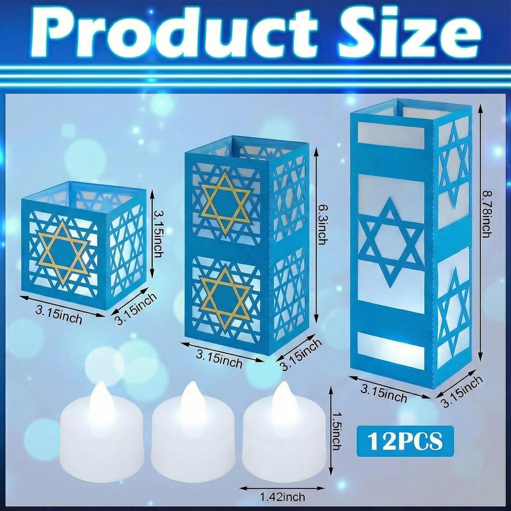 Sets Hanukkah Table Decorations 3 Size Hanukkah Lantern Boxes Centerpieces with LED Candles Dreidel Star David - Set of 12