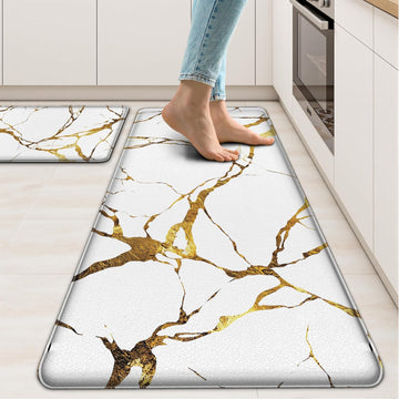 Gold White Kitchen Mats for Floor 2 Pcs 17.3"X28"+17.3"X47" | Modern Marble, Anti Fatigue, PVC Non Slip, Waterproof