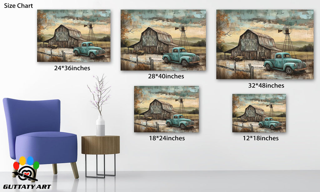 Farmhouse Prints Wall Art, Vintage Barn and Old Truck Picture Canvas Wall Art, Retro Windmill Canvas Prints, Country