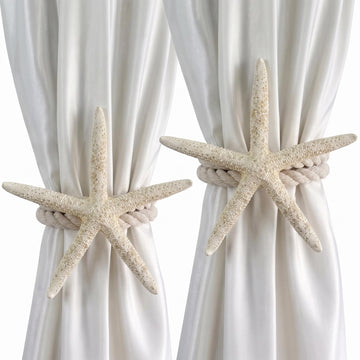 Natural Starfish 2‐Pack Rope Curtain Tiebacks, Handmade Five‐Fingered Starfish Decor for Outdoor Patio, Living Room