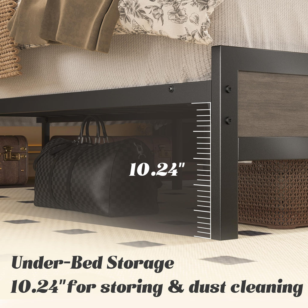 Bed Frame with Headboard & Footboard, Bed Frame with Built-in Charging Station & LED Light, Storage Shelf