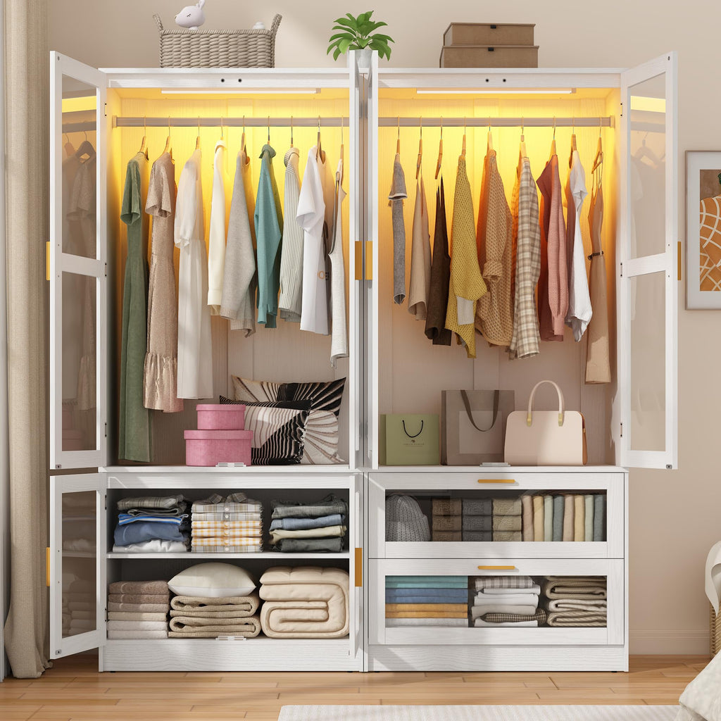 4 Doors Armoire Wardrobe Closet with LED and Mirror, 71" H Freestanding Wooden Wardrobe Closet Cabinet w 2