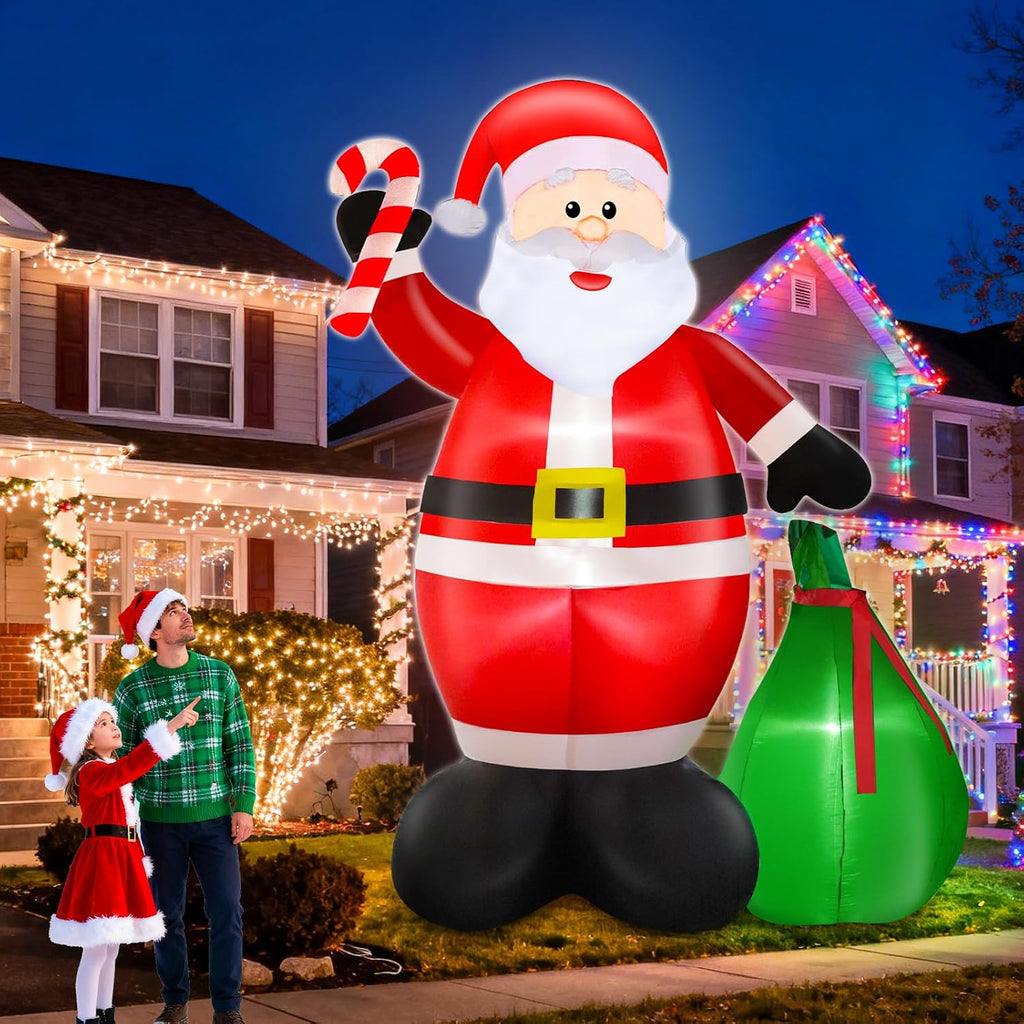 12 Ft by 7.6 Ft Giant Christmas Inflatables Decorations Outdoor Santa Claus with Gift Bag with LED Light for