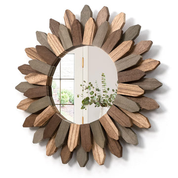 Boho Wall Decor 12 inch Decorative Mirror with Rustic Wood Sunburst Frame, Perfect