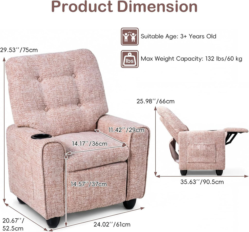 Kids Recliner, Toddler Lounge Chair with Adjustable Backrest Footrest Cup Holder Side Pockets, Velvet Leather Toddler