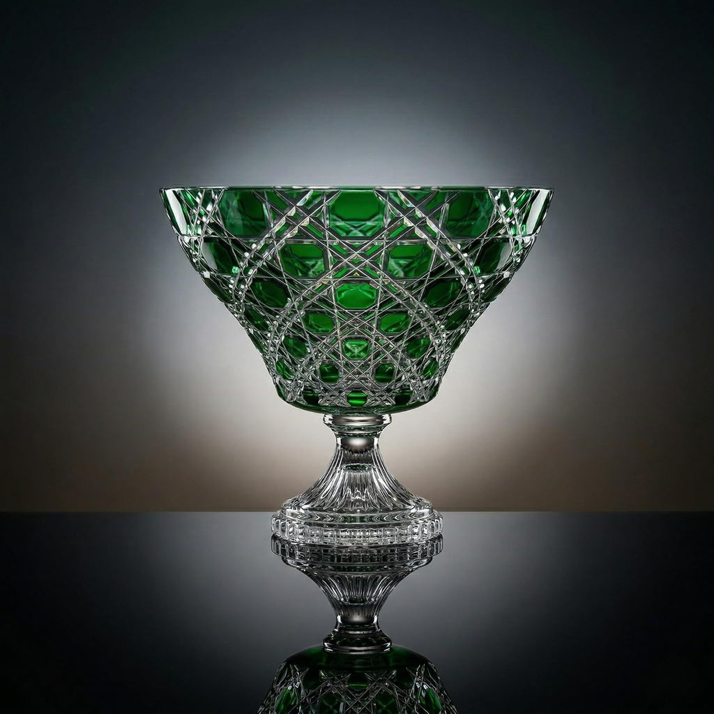 Verdura Emerald Cut to Clear Crystal Footed Bowl - Handcrafted Pedestal Centerpiece & Decorative Compote - Luxury