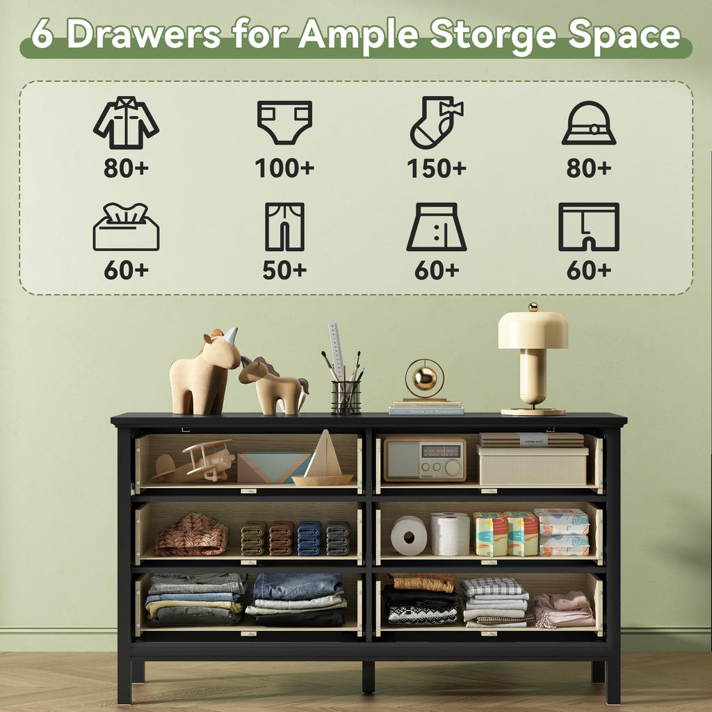 55'' Black Dresser with 6 Drawers, Wood Dressers Elegant Modern Chest of Drawer with Gold Handles Wood Legs, Large