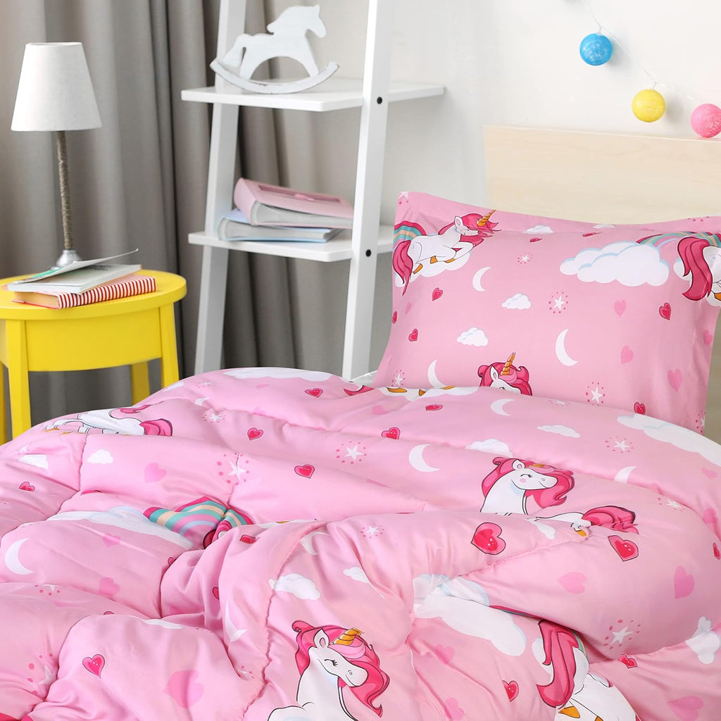 Unicorn Kids Comforter Set with 2 Pillow Shams, 3 Piece Soft Microfiber Twin Bed Comforter with Pillow Shams, Printed