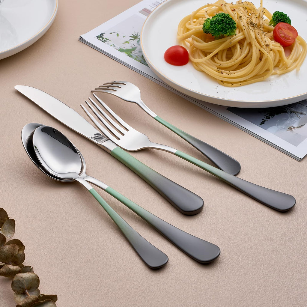 20-Piece Green and Gray Silverware Set for 4, 18/0 Stainless Steel Flatware Cutlery Utensils Set, Include Dinner