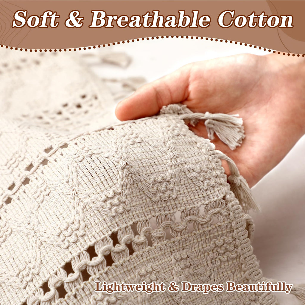 Boho Cotton Handmade Crochet Lace Tablecloth, Beige Round Table Cover
