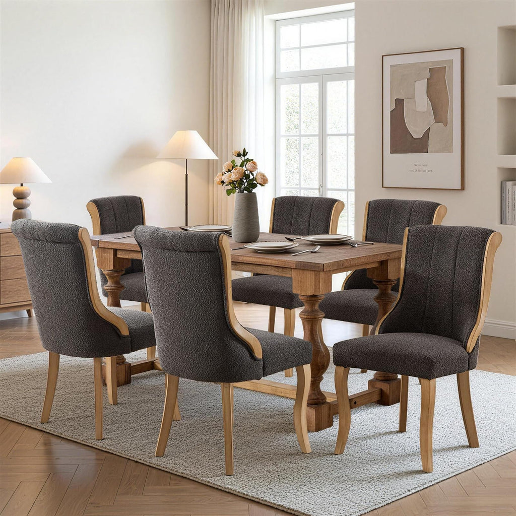 Boucle Fabric Set of 6, Curved Wood Trim and Sculpted Solid Wood Legs (Grey)
