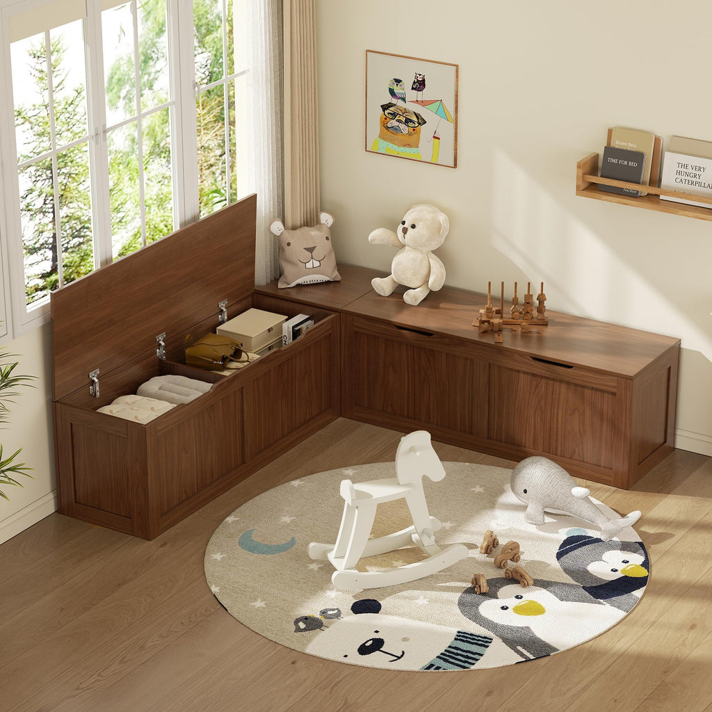 L Shaped Bench with Storage, 63" Breakfast Nook Benches, Wood Kitchen Corner Dining Bench Seating, Walnut Brown