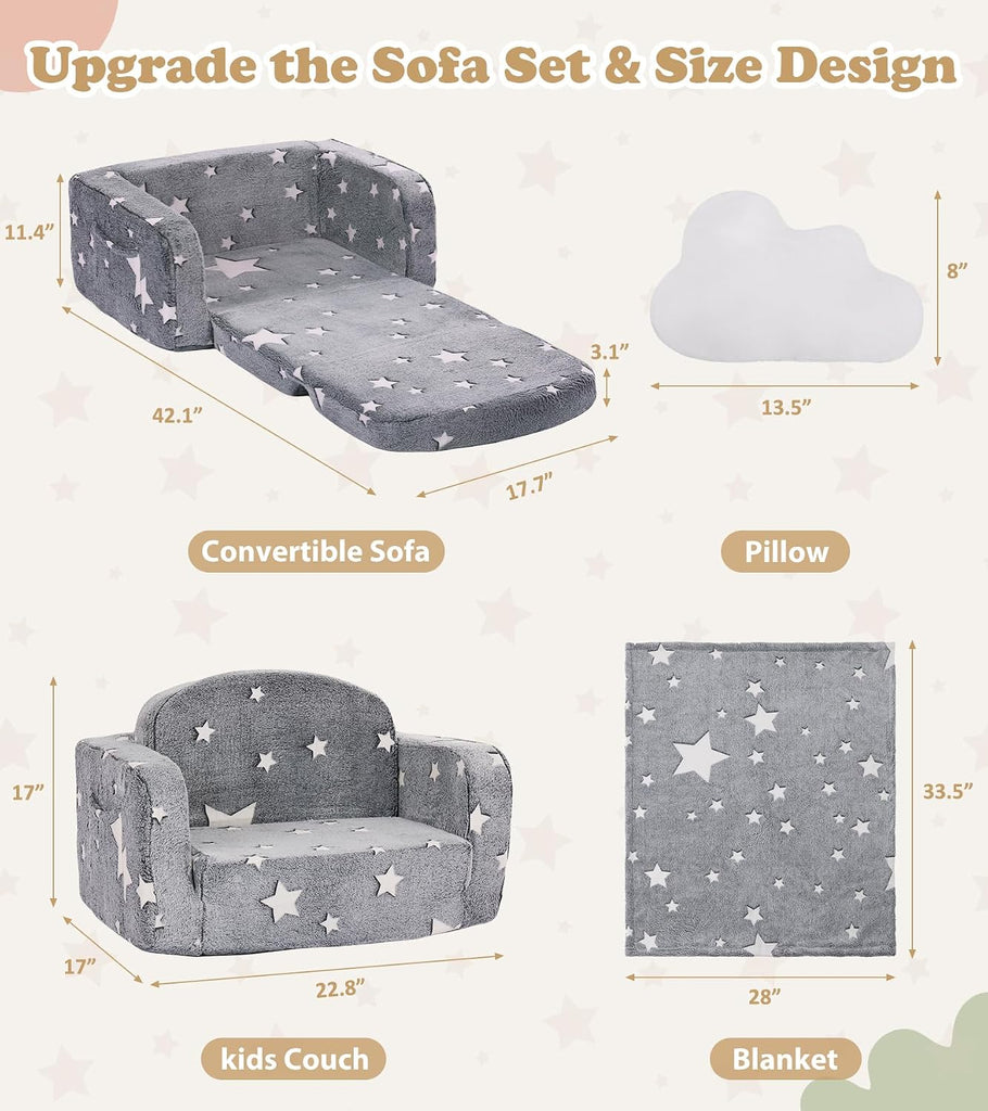 Kids Couch, in-1 Soft Toddler Couch Fold Out with with Blanket and Cloud Pillow, Glow in The Dark, Toddler Chair