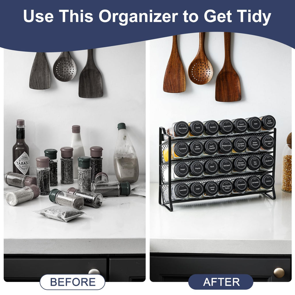 Spice Rack Organizer for Cabinet, Spice Organizer with 28 Empty Spice Jars with Black Lids, Funnel, Spice Labels