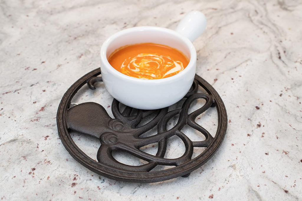 Cast Iron Trivet for Hot Dishes, Pots, and Pans, Metal Trivet, Octopus Design, Rubber Feet Caps, Ring Hanger, 8