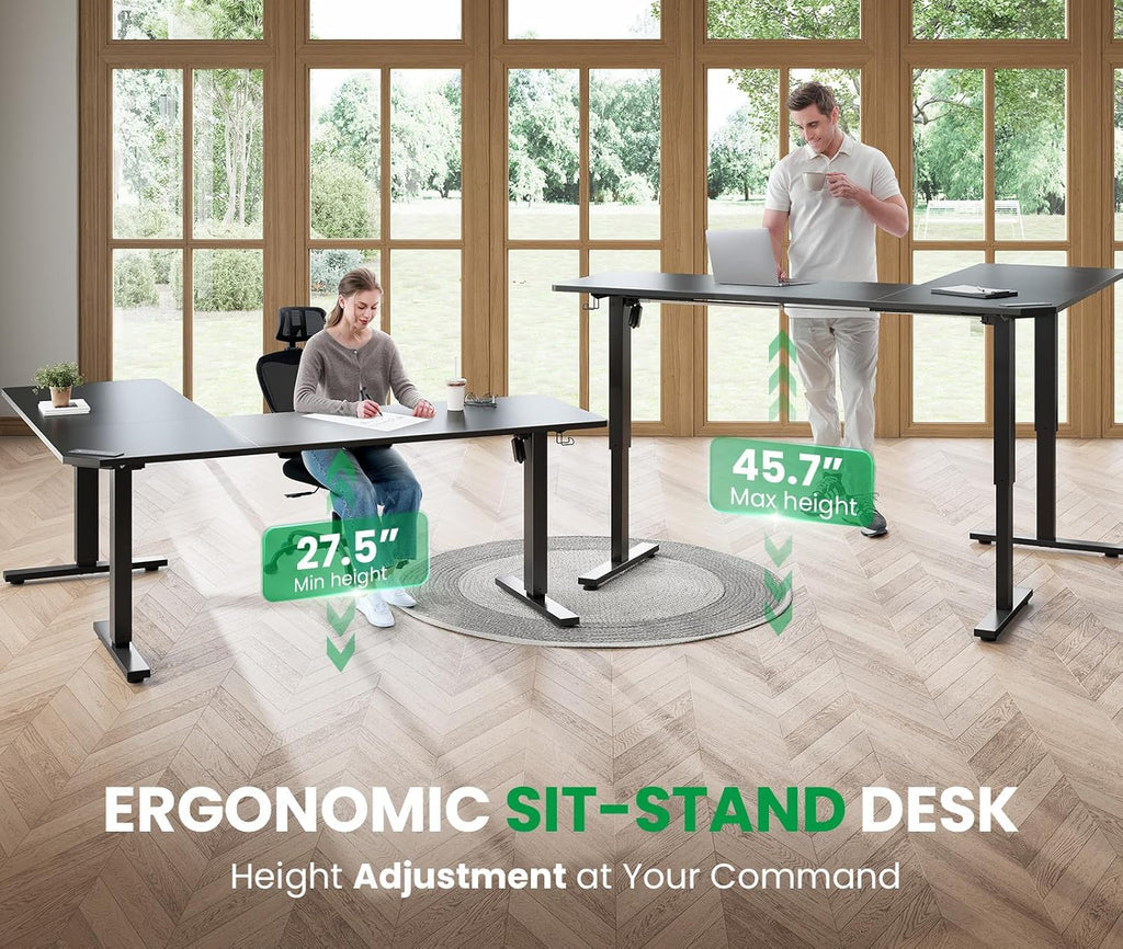 L-Shaped Standing Desk - 63 x 55 Inch Adjustable Corner Standing Desk with Charging Station - L Shape Sit Stand Table