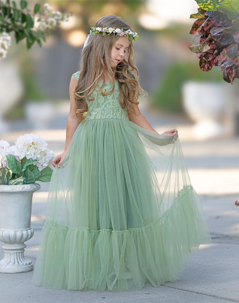 Flower Girl Dress Lace/Tulle Boho Toddler Dresses Ruffle Girl Dress for Wedding Garden Party Communion Beach