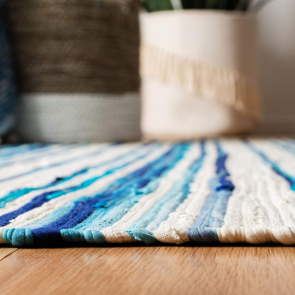Area Rug 8x10 - Rag Collection - Large - Ivory & Blue, Handmade Cotton, Boho Stripe Pattern, Ideal, Dining Space