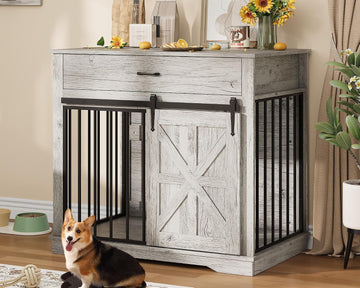 Dog Crate Furniture for Dogs, Farmhouse Style 2-in-1 Dog Crate with Sliding Barn Door, Dual