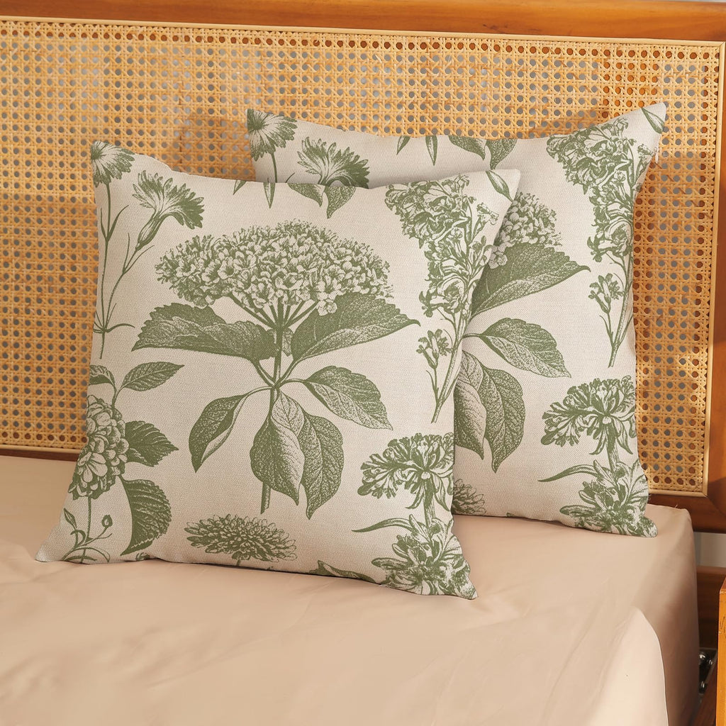 Sage Green Pillow Covers 18x18 Set of 2 Boho Floral Hydrangea Herbs Botanical Throw Pillows Vintage Flower Outdoor