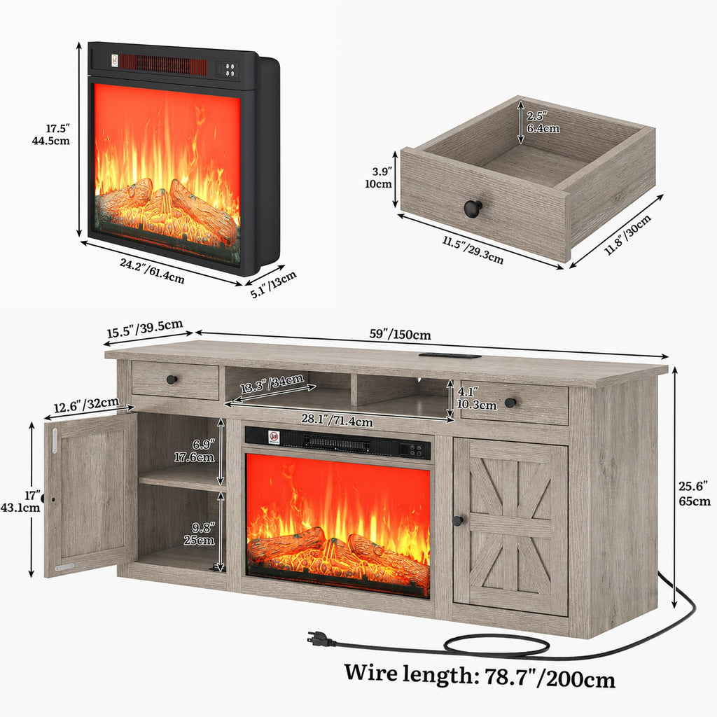 59" TV Stand with Electric Fireplace, Power Strips, Grey Oak