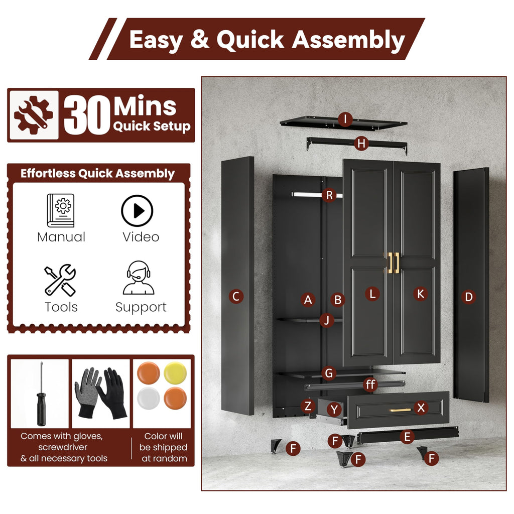 71" Tall Wardrobe Closet with Doors and Adjustable Shelves, Black