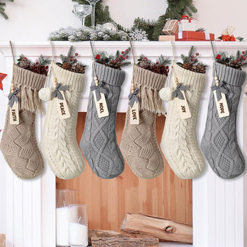 6 Set 18'' Cable Knit Boho Christmas Stockings, Novel Style