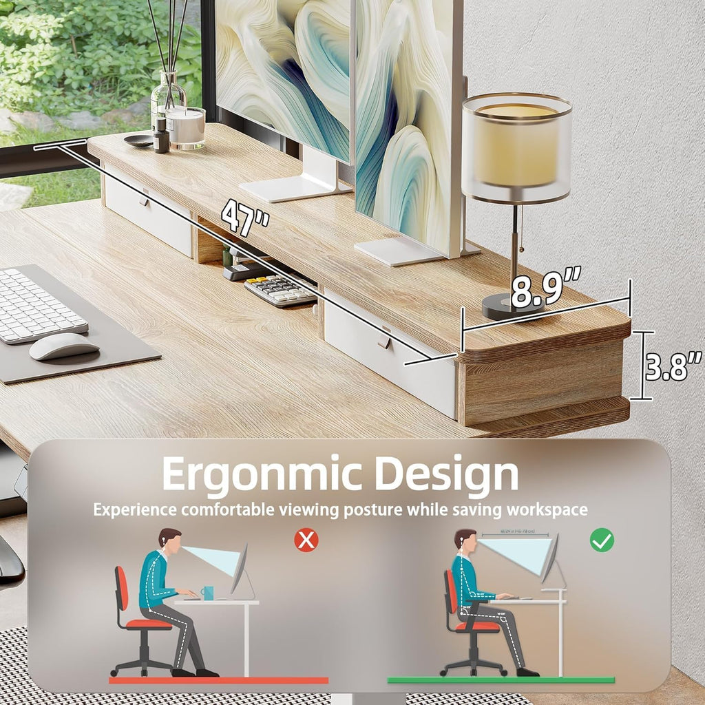48 * 24 inch Standing Desk with Two Drawers&Top Shelf, Maple | Smooth Height Adjustment, 2 Memory Presets, One-Touch