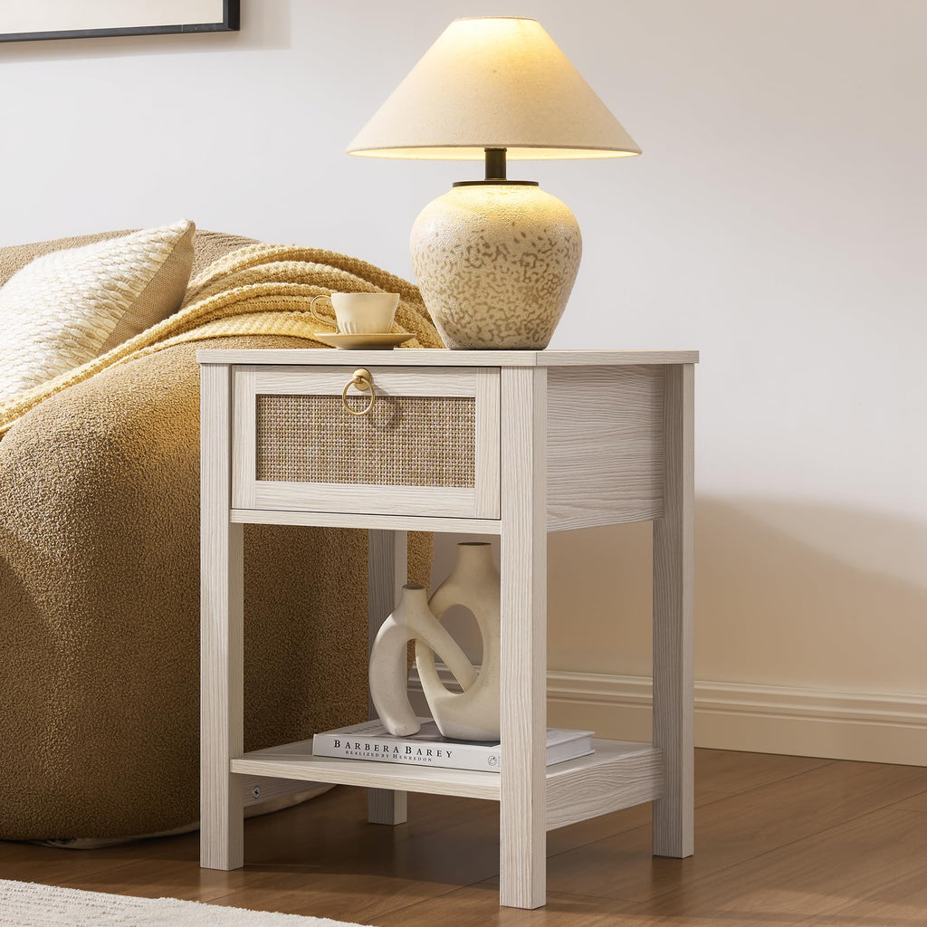 White Rattan Nightstand with Storage Shelf, Boho Bedside Table