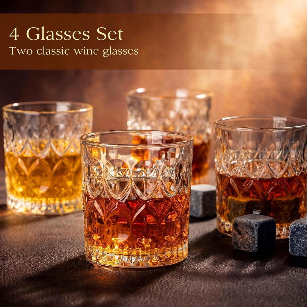 Whiskey Decanter Set with 2 Glass Decanters and 4 Glasses, 31oz and 28oz Liquor Decanter Set for Tequila Bourbon - Set of 3