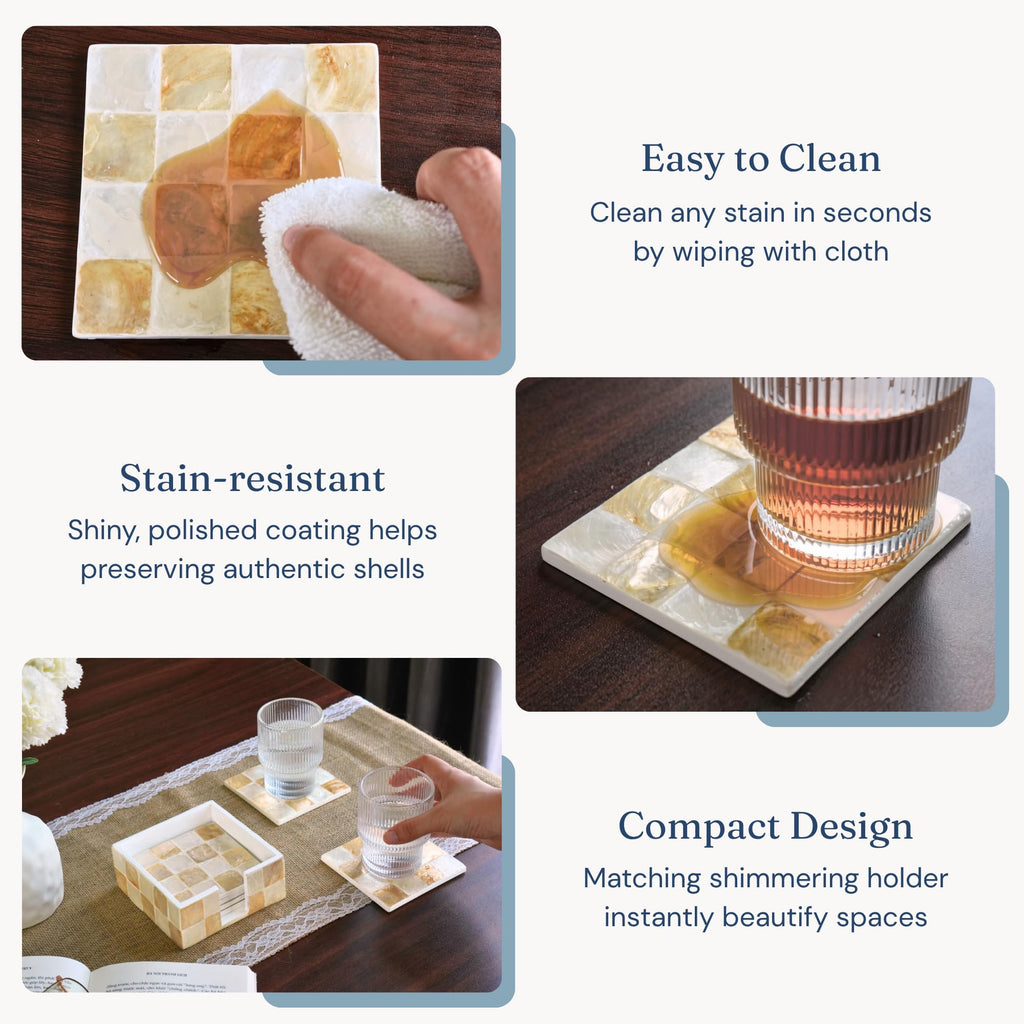 4" Capiz Shell Mosaic Square Coasters Set 6 with Holder, Ivory