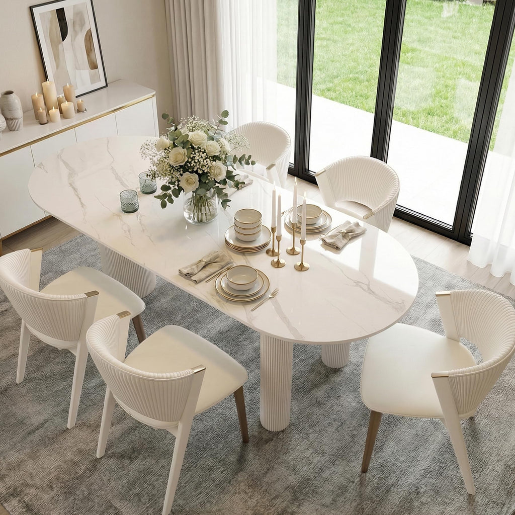 79'' Oval Dining Table for 8-10 People, Scandinavian Wood Dinner Kitchen Table with Sintered Stone Tabletop and