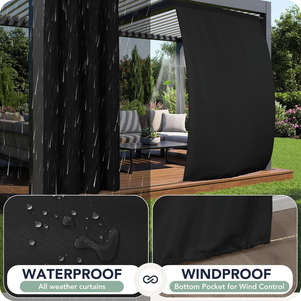 Black Outdoor Curtains Waterproof, 8 Panels, Rod Pocket | Weatherproof & Privacy Drapes, Outside Curtains for Gazebo