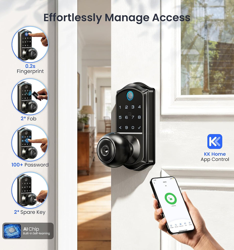 Fingerprint Keypad Smart Door Knob Handle Lock, Matte Black