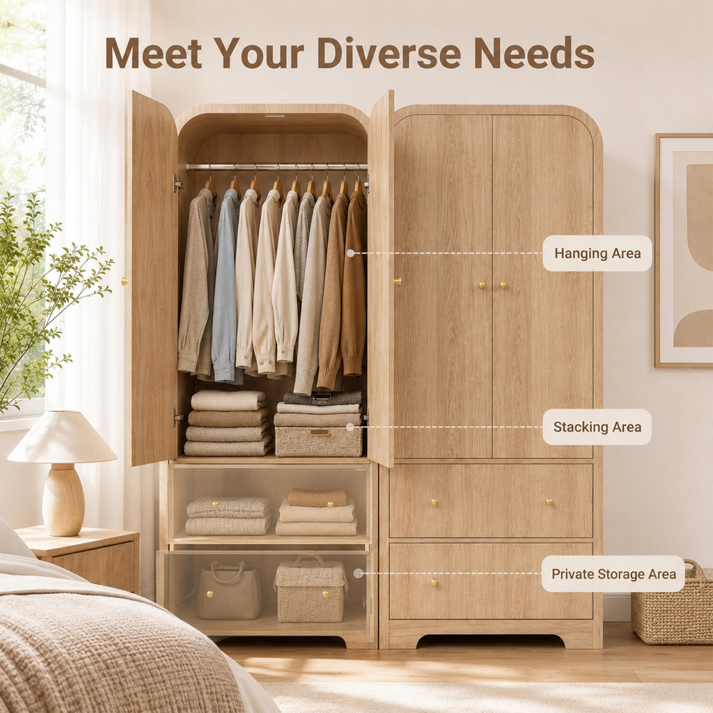 Arched Armoire Wardrobe Closet, 70" Wooden Wardrobe Cabinet with 2 Drawers, Hanging Rod, 2 Doors Clothing Storage