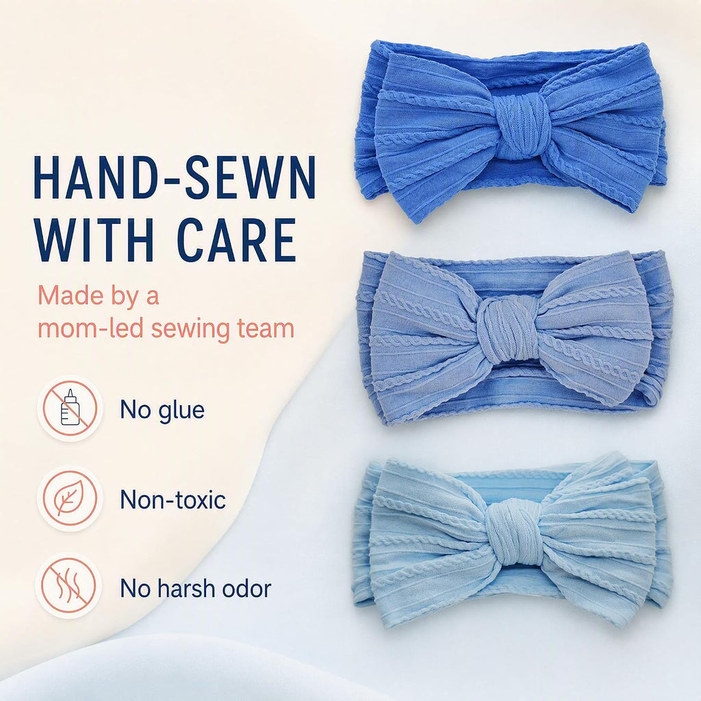 Handmade Baby Girl Headbands with Bows, Soft Stretchy Nylon Baby Headbands, Baby Bows for Girls, Blue Headband