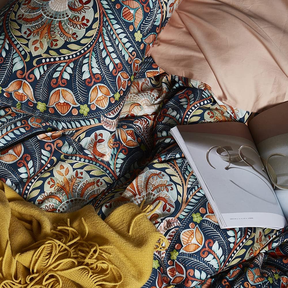King Duvet Cover Set - 3pc Dark Navy Paisley Boho Bedding - Luxury Art Deco Floral Botanical Print, Soft Microfiber