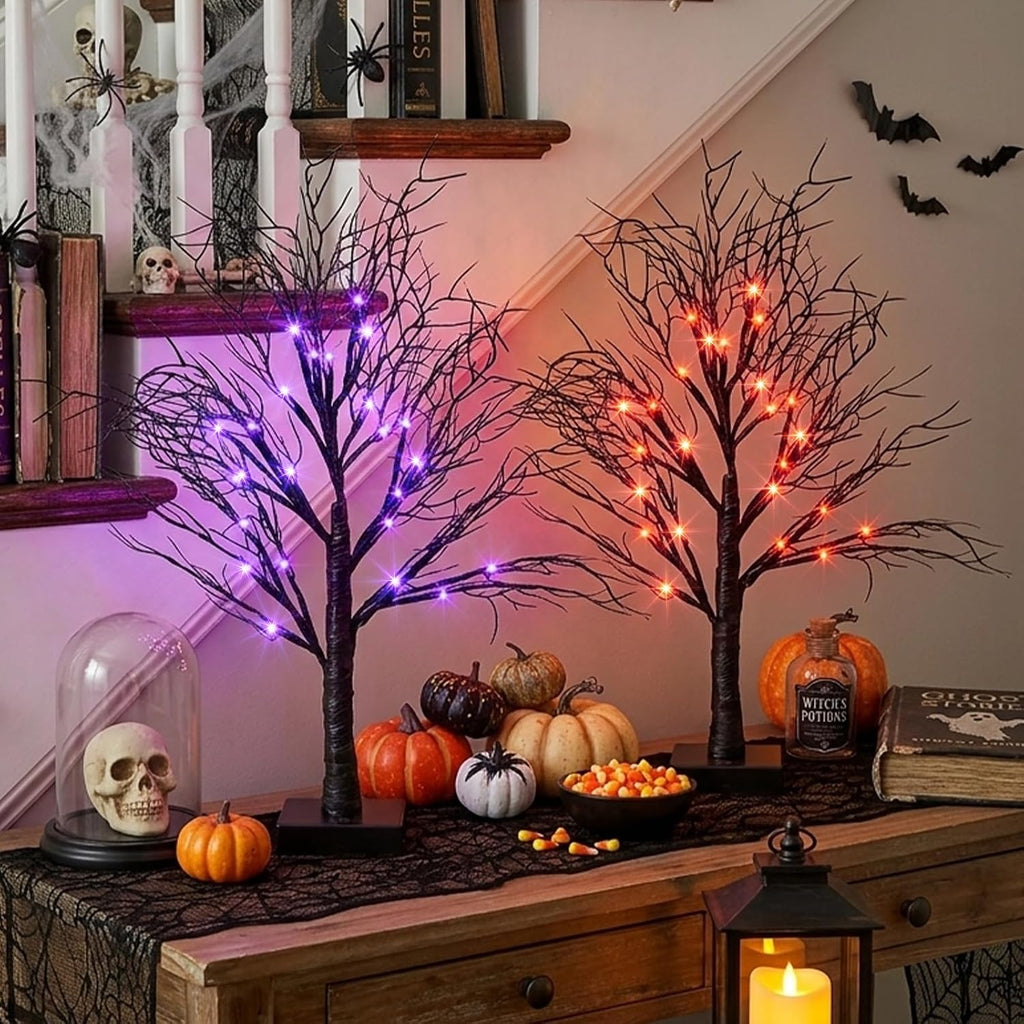 Halloween Tree, Black Tree with Orange Purple Bi-Color Led Lights 6 Functions, USB & Battery Operated Lighted - Set of 2