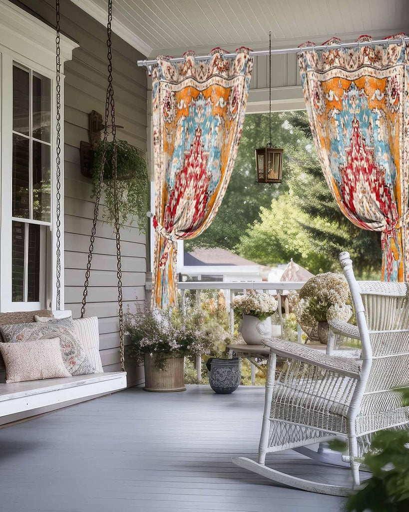Outdoor Curtains , Red Orange Boho Waterproof Blackout Outside Curtain for Porch/Pergola/Gazebo, Ethnic Tribe