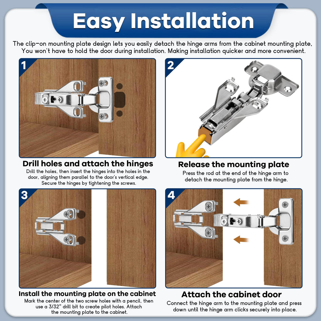 20 Pack 1/2'' Overlay Face Frame Soft Close Hidden Cabinet Hinges, 105 Degree 3D Adjustable Clip On Plate Concealed