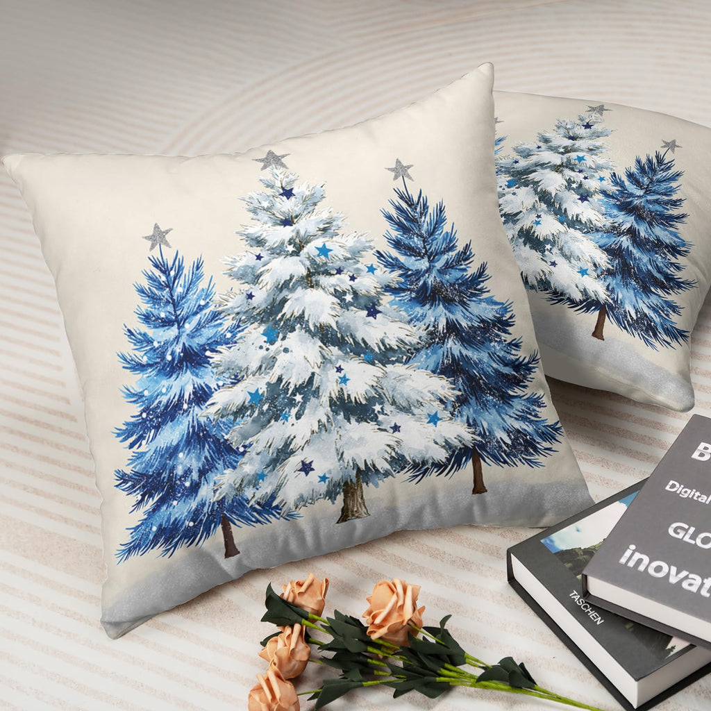 Blue Christmas Tree Pillow Covers 16x16 Set of 2 Xmas Pillow Cases