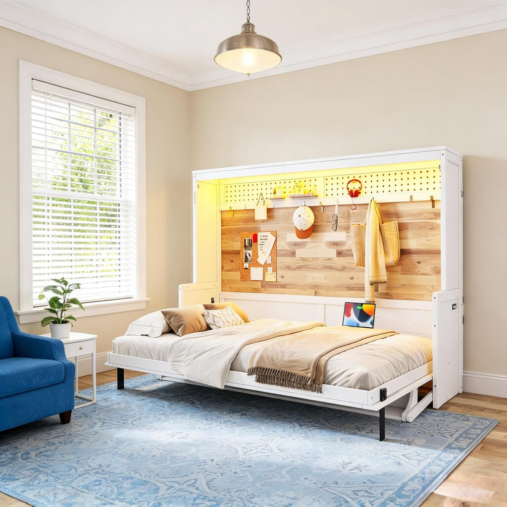Queen Horizontal Murphy Bed with Desk, Farmhouse Wall Bed Frame with LED Lights & Charging Station, Wood Hidden