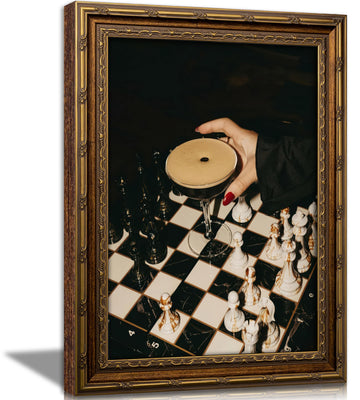 Vintage Gold Framed Martini Bar Wall Art, Moody Cocktail and Chess Canvas Print, Dark Espresso Martini Painting